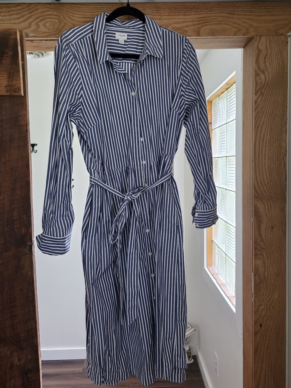 J. Crew Factory Navy and White Striped Long-Sleeve Shirt Dress